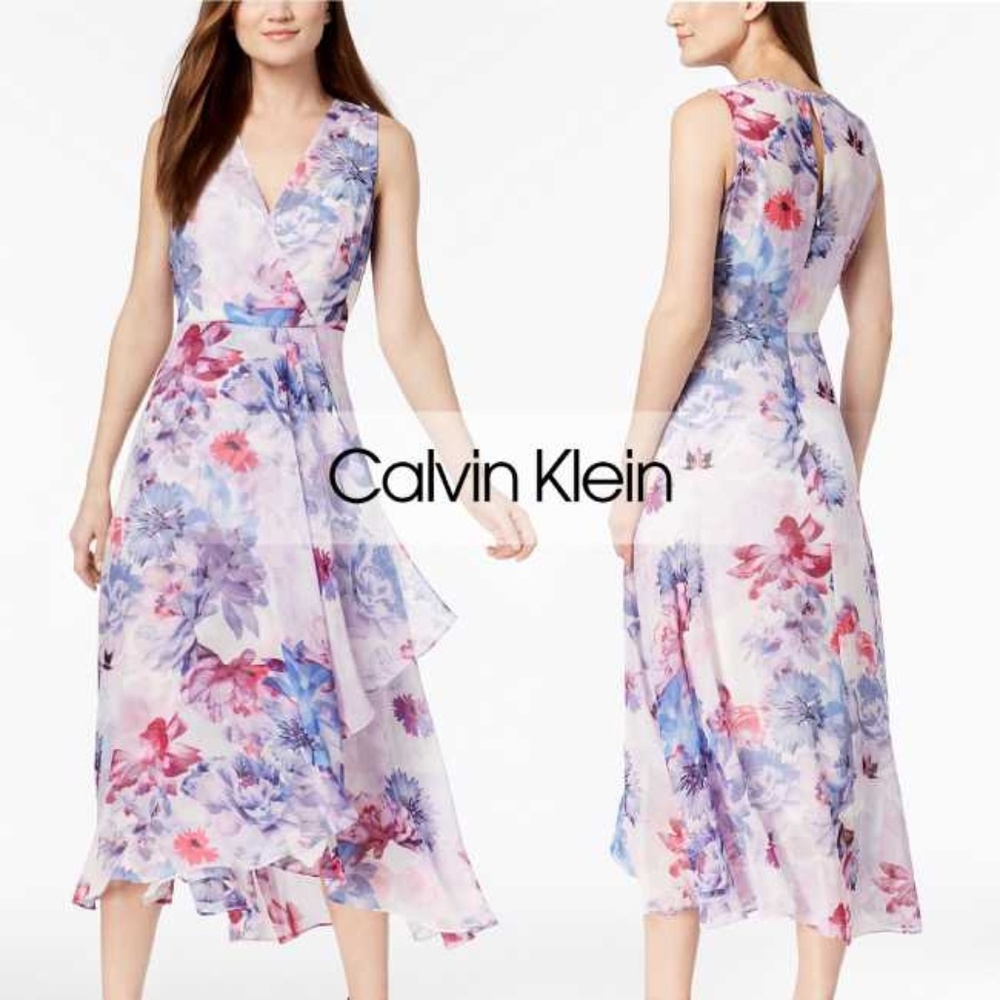 Calvin Klein Purple Floral Chiffon Faux-Wrap Dress